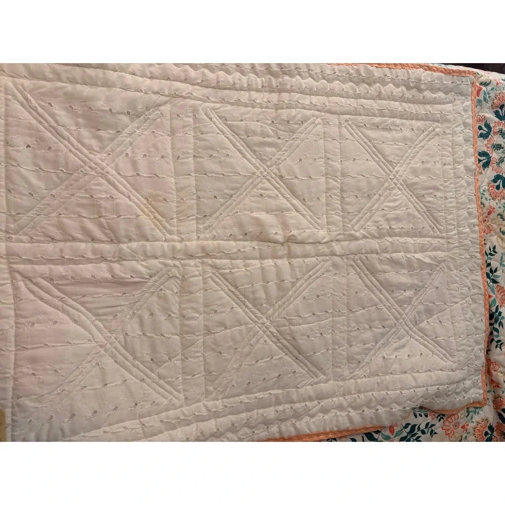 Handmade Log Cabin Quilt Pink Blue Green Floral Eyelet Backing 35 x 25